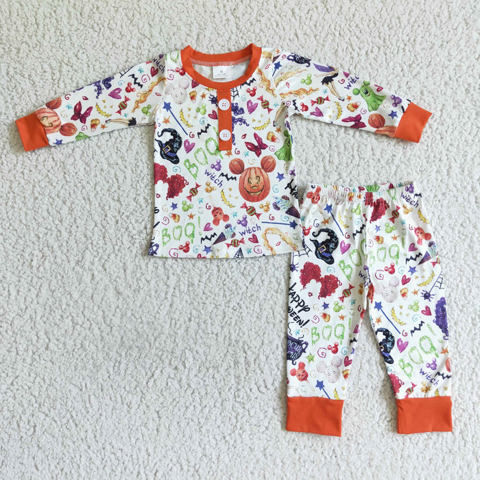 BLP0046 Cartoon Mouse Witch BOO Print Kids Halloween Pajamas Clothes Set
