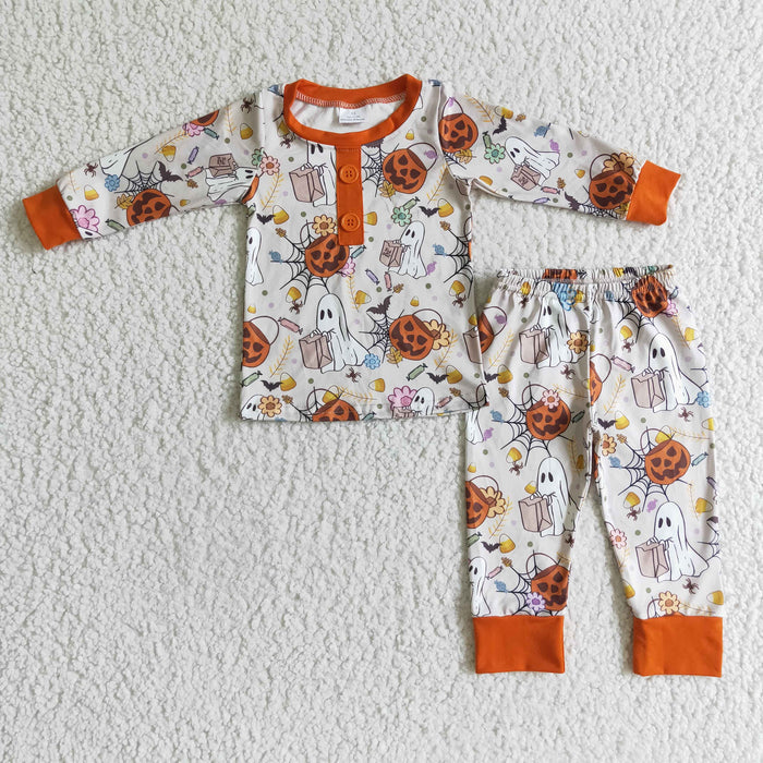 BLP0048 Ghost Pumpkin Candy Flowers Print Girls Halloween Pajamas Clothes Set