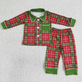 BLP0049 Red Green Checkered Print Boys Christmas Buttons Pajamas Clothes Set