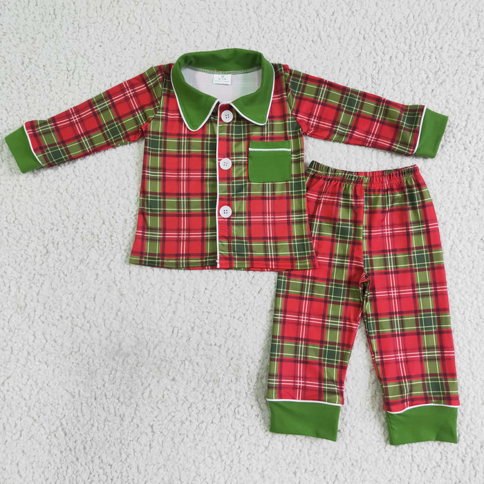 BLP0049 Red Green Checkered Print Boys Christmas Buttons Pajamas Clothes Set