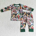BLP0051 Cartoon Characters Shelf Green Print Boys Christmas Pajamas Clothes Set