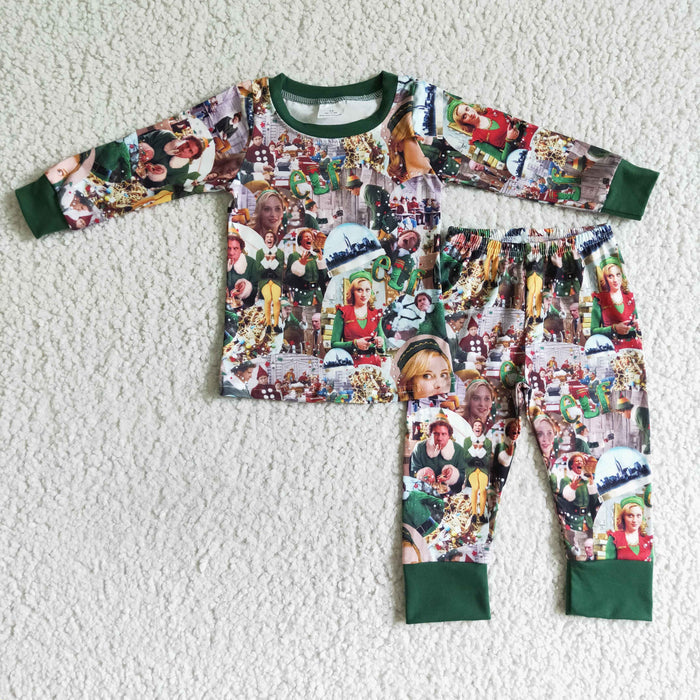 BLP0051 Cartoon Characters Shelf Green Print Boys Christmas Pajamas Clothes Set