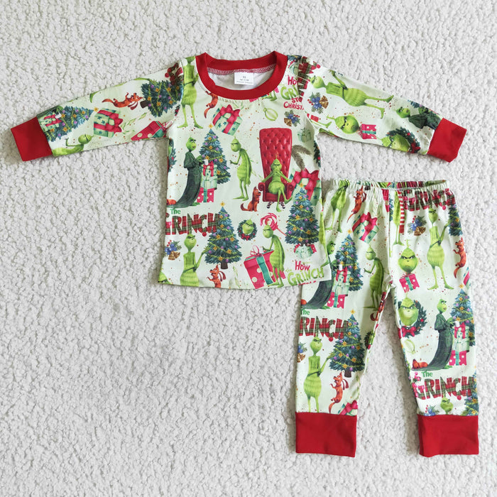 BLP0052 Green Frog Tree Gift Print Boys Christmas Pajamas Clothes Set