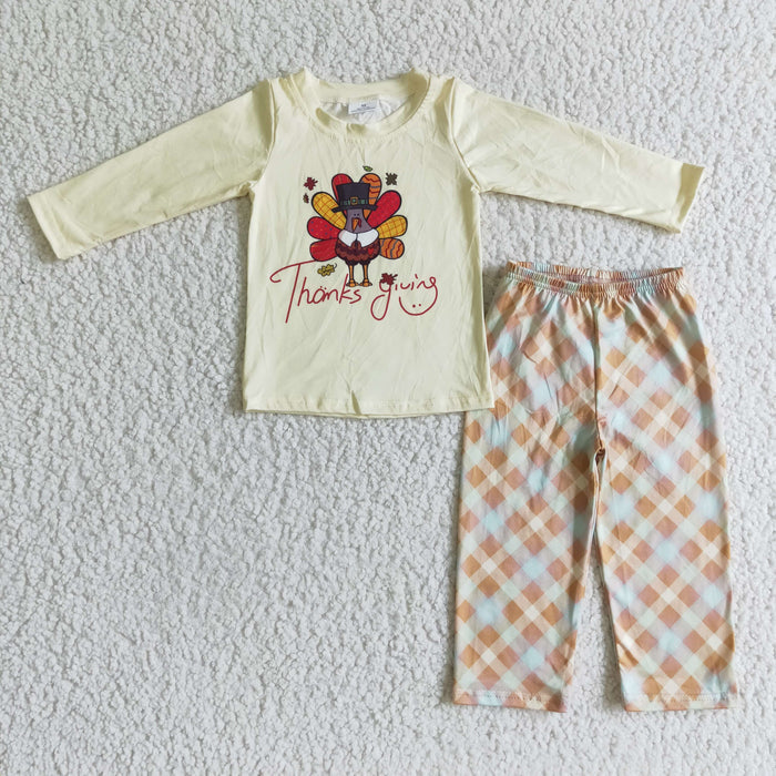 BLP0068 Turkey Yellow Top Plaid Pants Boys Thanksgiving Clothes Set