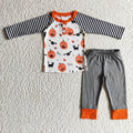 BLP0072 Pumpkin Boo Bat Stripes Top Grey Pants Boys Halloween Pajamas Clothes Set