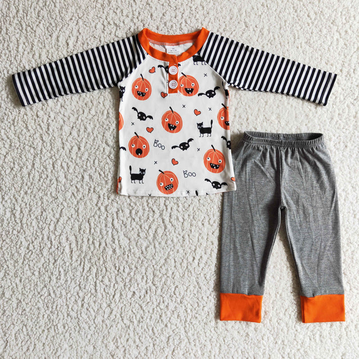 BLP0072 Pumpkin Boo Bat Stripes Top Grey Pants Boys Halloween Pajamas Clothes Set