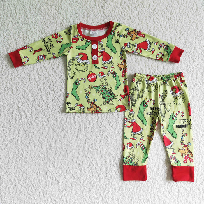 BLP0073 Green Frog Print Boys Christmas Pajamas Clothes Set