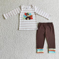 BLP0081 Turkey Embroidery Stripes Top Brown Pants Boys Thanksgiving Clothes Set