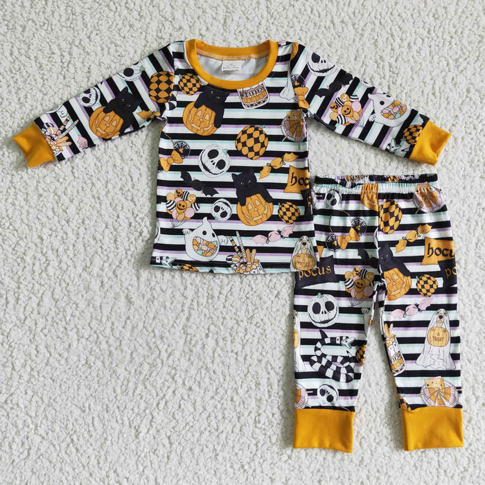 BLP0088 Nightmar* Pumpkin Stripes Print Boys Halloween Pajamas Clothes Set