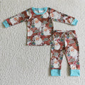 BLP0097 Santa Turquoise Holly Print Kids Christmas Pajamas Clothes Set