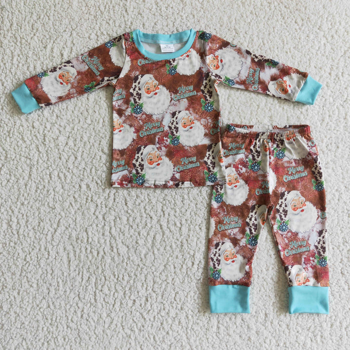 BLP0097 Santa Turquoise Holly Print Kids Christmas Pajamas Clothes Set