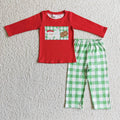 BLP0109 Cookies Milk Santa Red Top Green Checkered Pants Boys Christmas Clothes Set