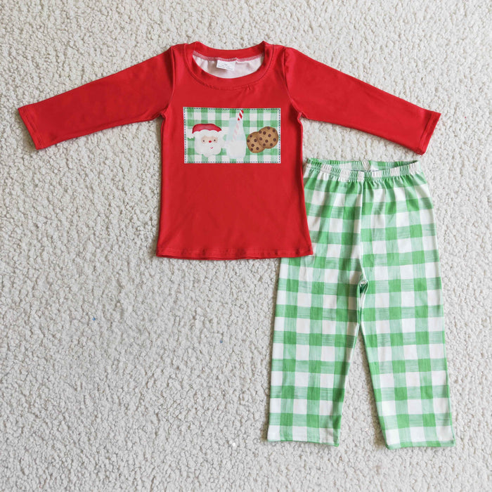 BLP0109 Cookies Milk Santa Red Top Green Checkered Pants Boys Christmas Clothes Set