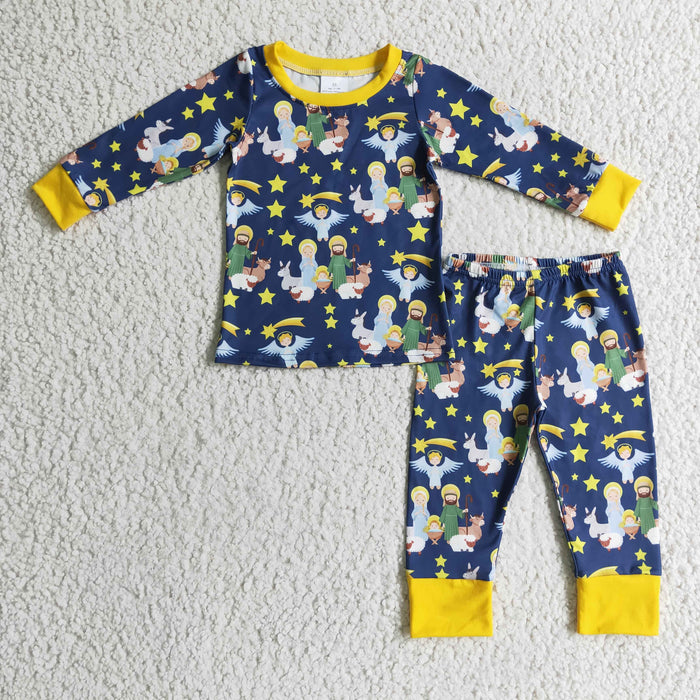 BLP0114 Nativity Stars Print Boys Christmas Pajamas Clothes Set