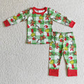 BLP0121 Green Frog Checkered Print Boys Christmas Pajamas Clothes Set