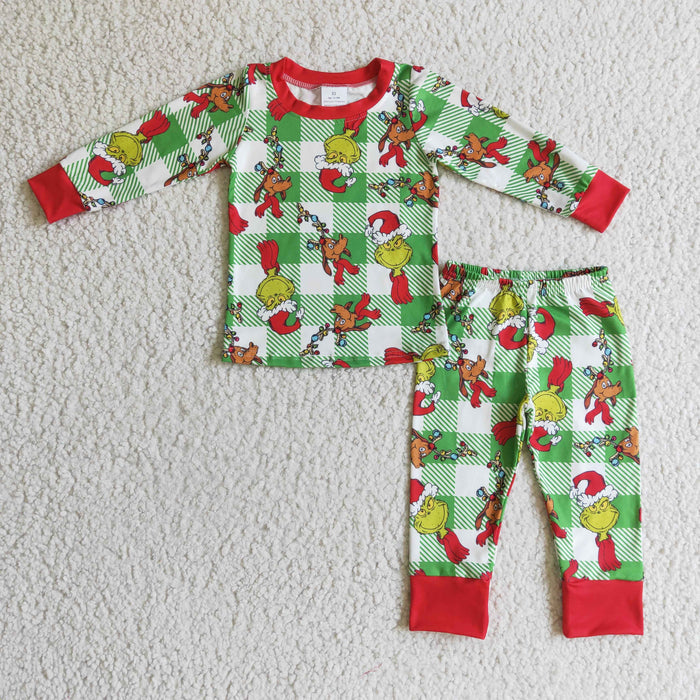 BLP0121 Green Frog Checkered Print Boys Christmas Pajamas Clothes Set