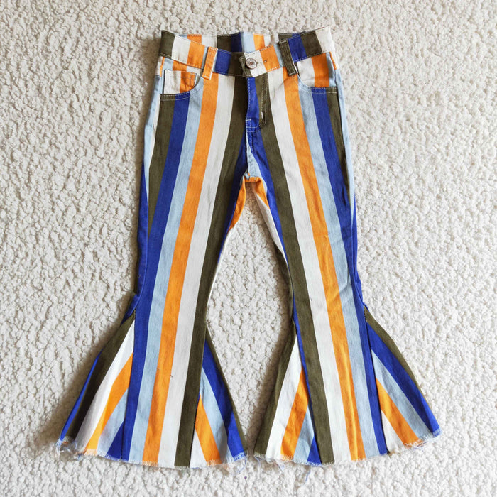 Blue Orange White Stripes Denim Bell Bottom Jeans Girls Pants P0029
