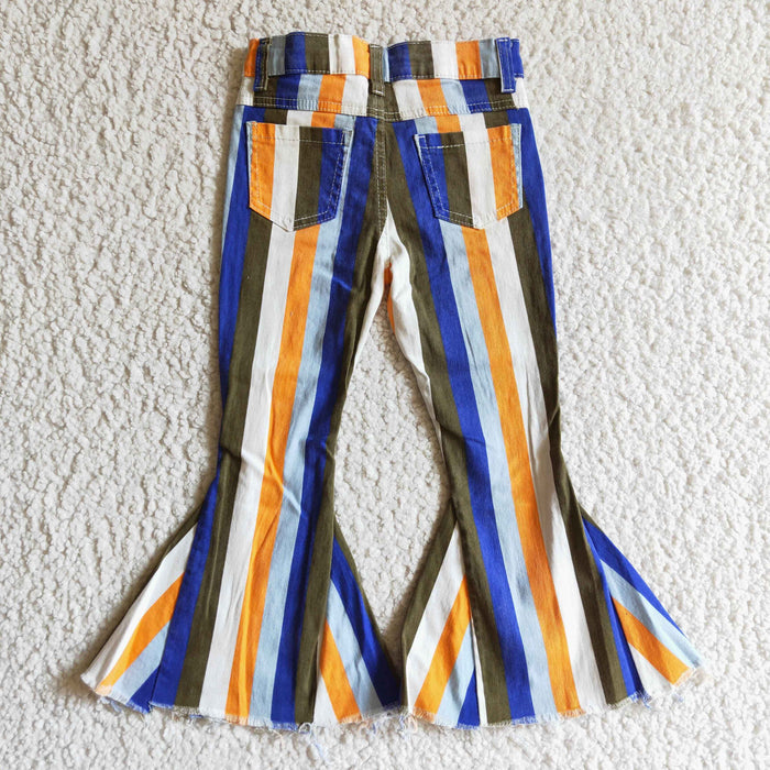 Blue Orange White Stripes Denim Bell Bottom Jeans Girls Pants P0029
