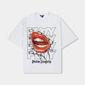 Boxy Cropped Lips Mens Short Sleeve Shirt (White/Red)