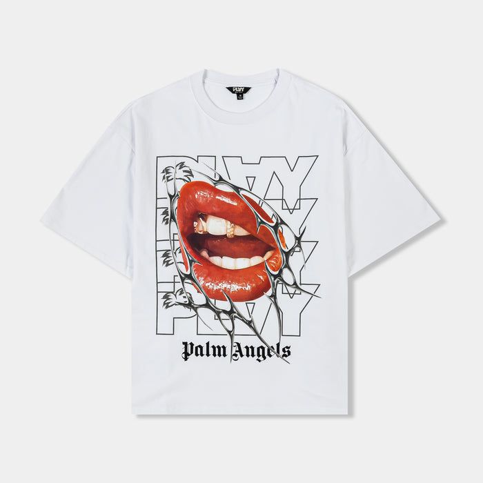 Boxy Cropped Lips Mens Short Sleeve Shirt (White/Red)