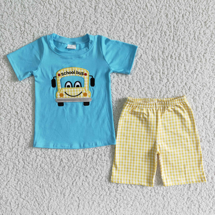 Boys back to school bus embroideried outfits   BSSO0055