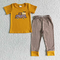 BSPO0007 Pumpkin Truck Embroidery Orange Top Plaid Pants Boys Fall Clothes Set