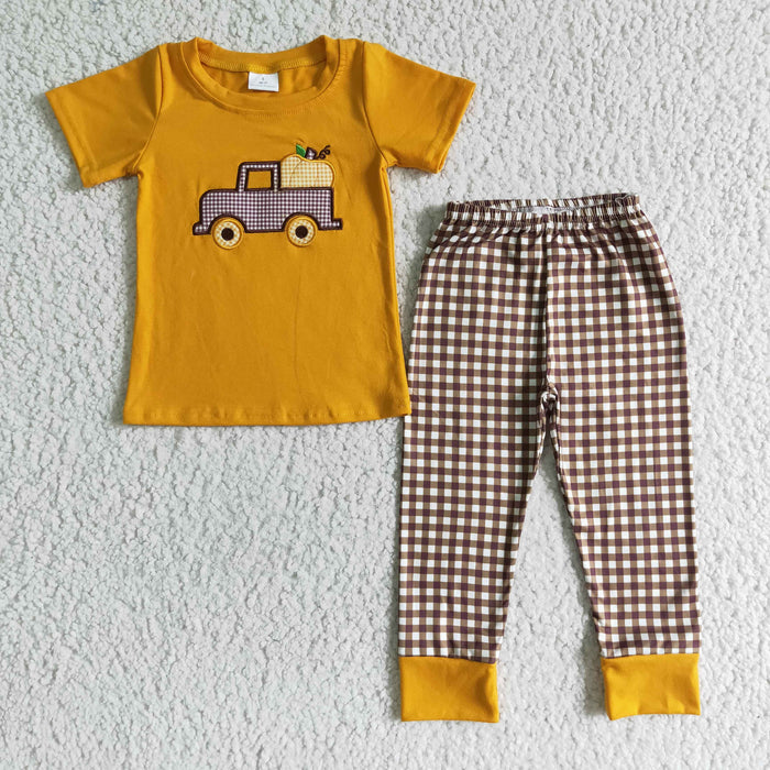 BSPO0007 Pumpkin Truck Embroidery Orange Top Plaid Pants Boys Fall Clothes Set