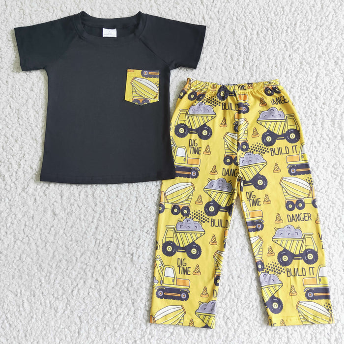 BSPO0010 Black Pocket Top Construction Trucks Pants Boys Clothes Set