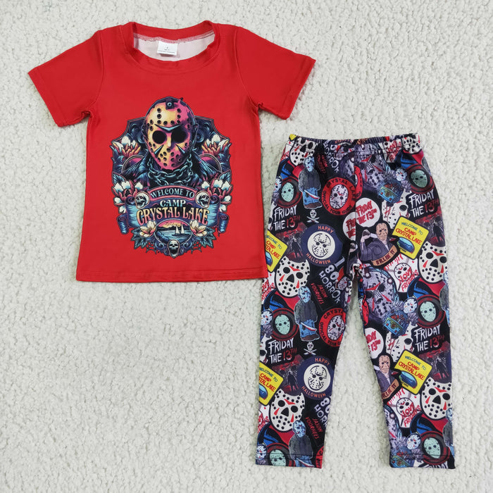 BSPO0012 Cartoon CRYSTAL LAKE Red Top Pants Kids Halloween Clothes Set