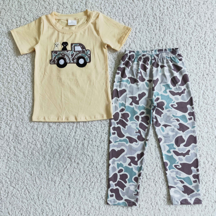 BSPO0014 Dog Trucks Embroidery Yellow Top Camo Pants Boys Hunting Outfits