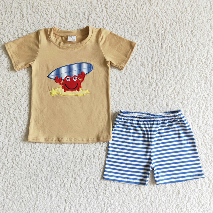 BSSO0003 Crab Embroidery Khaki Top Stripes Shorts Boys Summer Outfits