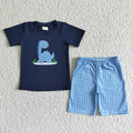 BSSO0005 Dino Embroidery Navy Top Plaid Shorts Boys Summer Outfits