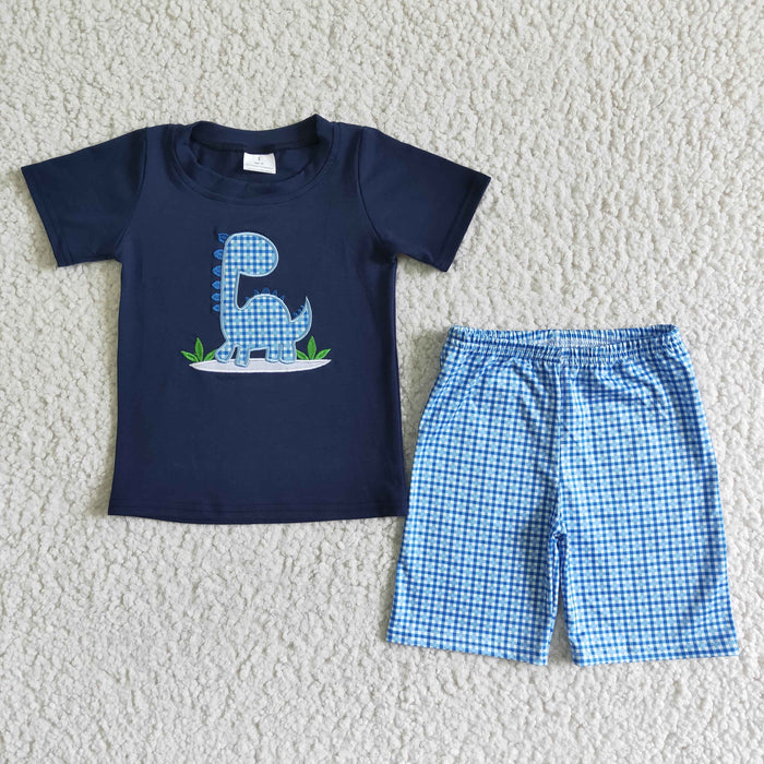 BSSO0005 Dino Embroidery Navy Top Plaid Shorts Boys Summer Outfits