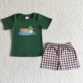 BSSO0007 Duck Embroidery Green Top Plaid Shorts Boys Summer Outfits