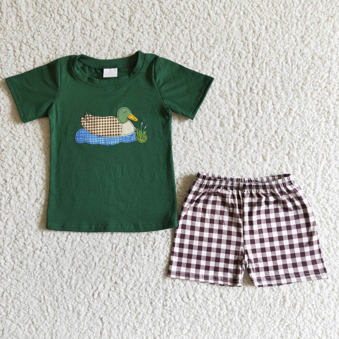 BSSO0007 Duck Embroidery Green Top Plaid Shorts Boys Summer Outfits