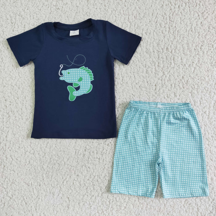 BSSO0008 Fishing Navy Top Plaid Shorts Boys Summer Outfits