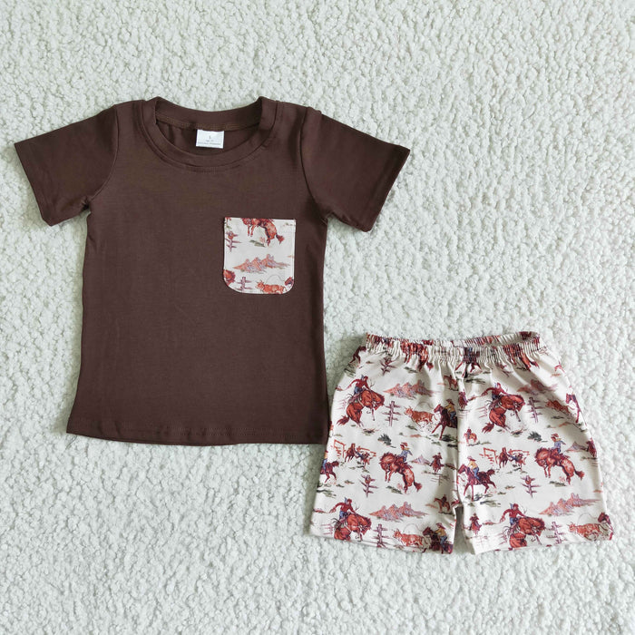 BSSO0015 Brown Pocket Top Cowboy Shorts Boys Summer outfits