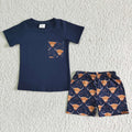 BSSO0035 Navy Pocket Top Highland Cow Shorts Boys Summer Clothes Set