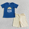 BSSO0057 SUN Embroidery Blue Top Yellow Plaid Shorts Boys Summer Outfits