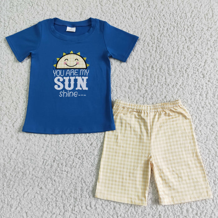 BSSO0057 SUN Embroidery Blue Top Yellow Plaid Shorts Boys Summer Outfits