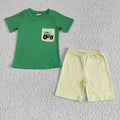 BSSO0058 Green Tractor Pocket Top Yellow Shorts Boys Summer Outfits