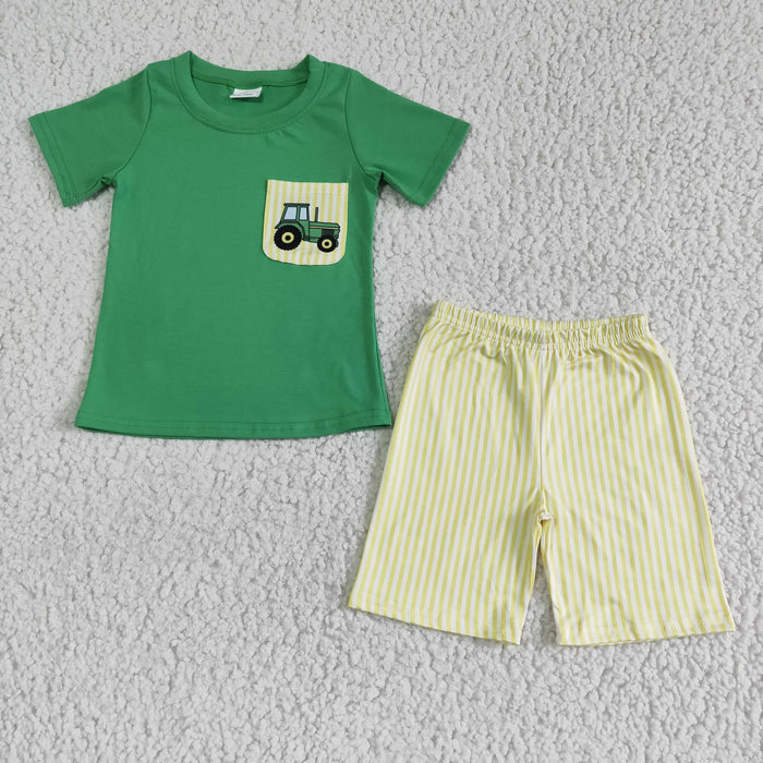 BSSO0058 Green Tractor Pocket Top Yellow Shorts Boys Summer Outfits