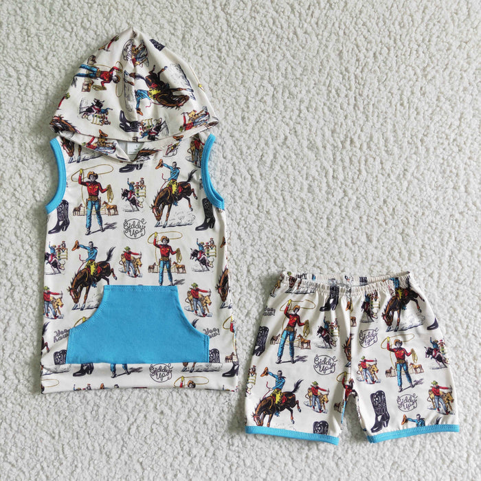 BSSO0061 Cowboy Hoodie Top Shorts Boy's Summer Outfits