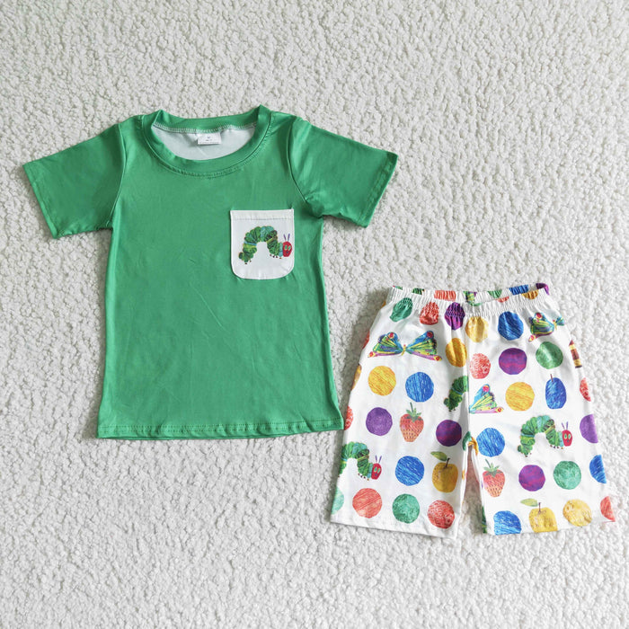 BSSO0064 Green Caterpillar Pocket Top Shorts Boys Summer Outfits