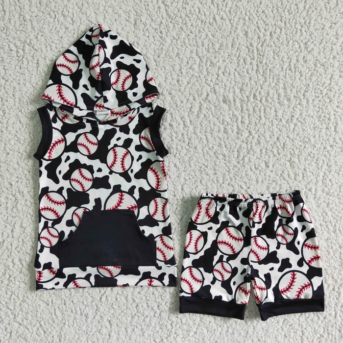 BSSO0065 Baseball Hoodie Top Shorts Boys Summer Clothes Set