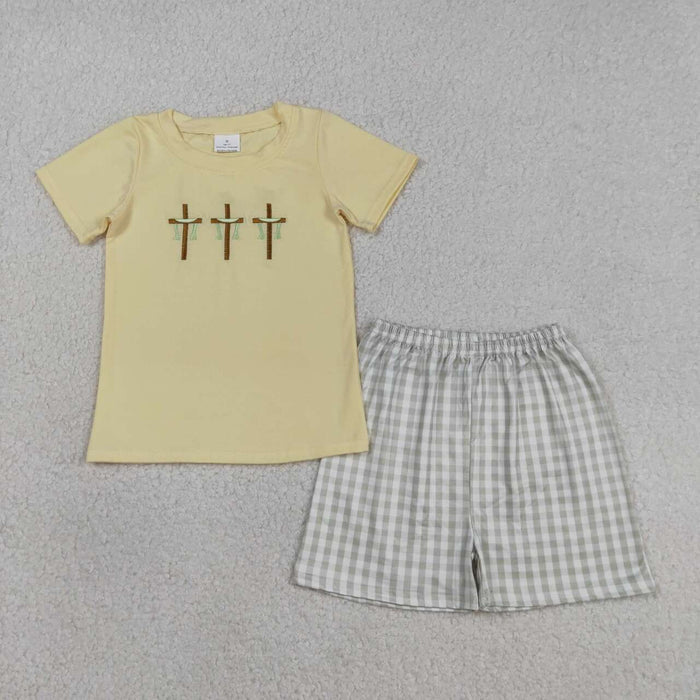 BSSO1717 baby Boys Embroidery Cross Easter Shorts Outfit