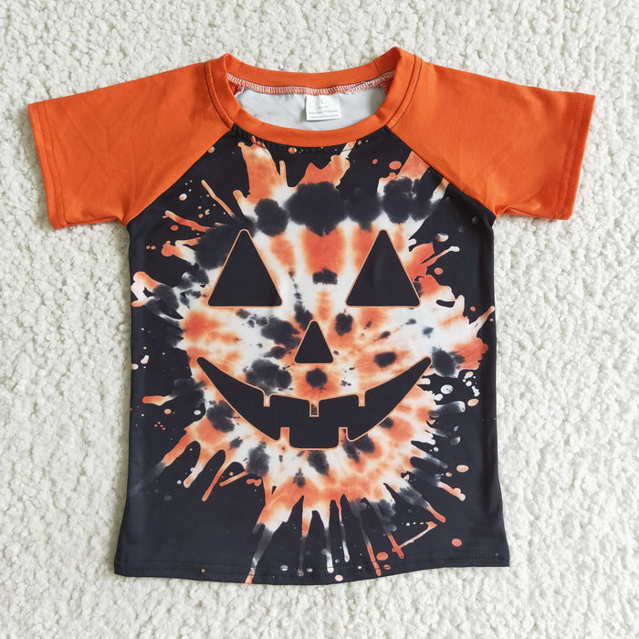 BT0043 Smiling Orange Tie-dye Print Boys Halloween Tee Shirts Top