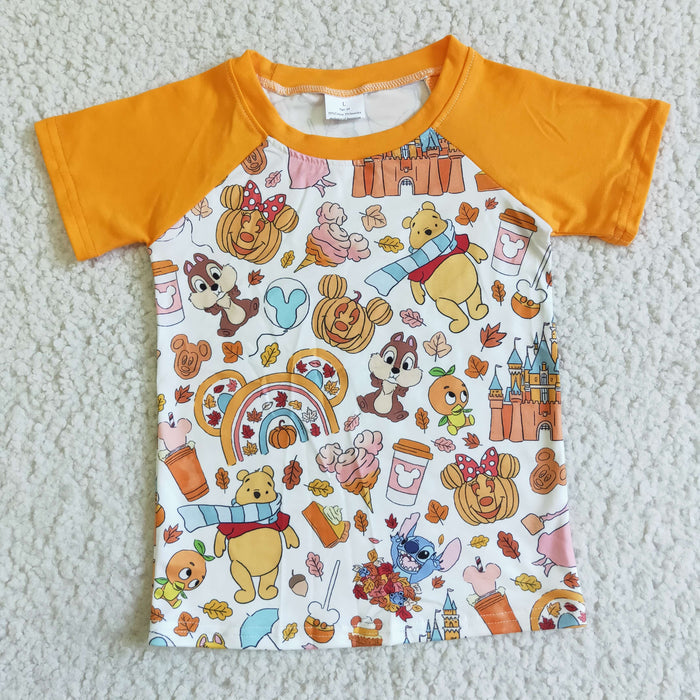 BT0044 Cartoon Bear Winni* Pumpkin Print Kids Fall Tee Shirts Top