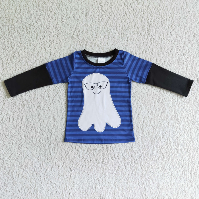 BT0053 Ghost Blue Stripes Print Boys Halloween Tee Shirts Top