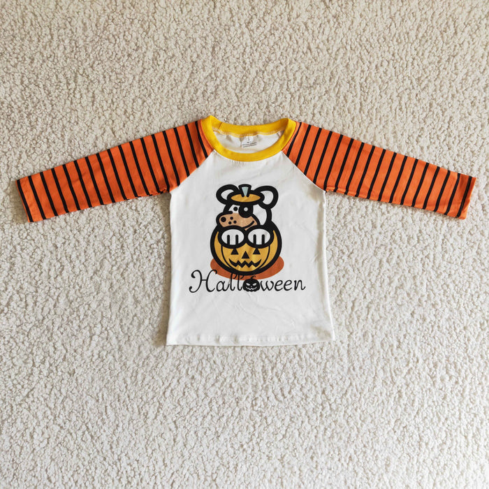 BT0054 Dog Pumpkin Stripes Print Boys Halloween Tee Shirts Top